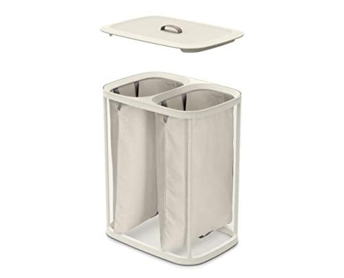 Joseph Joseph Tota 90 liter/23.8 gallon Laundry Hamper Separation Basket with lid, 2 Removable Washing Bags with Handles - Ecru - color: Ecru, style: Dual Compartment 90L