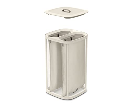 Joseph Joseph Tota 60 liter/15.8 gallon Laundry Hamper Separation Basket with lid, 2 Removable Washing Bags with Handles- Ecru - color: Ecru, style: Dual Compartment 60L
