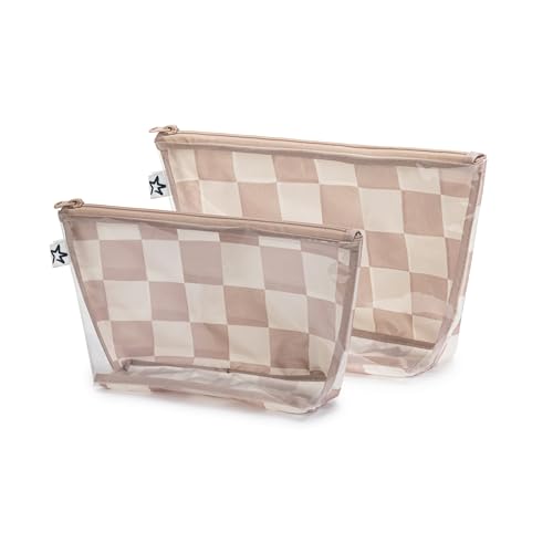 Tiny Twinkle Diaper Bag Organizing Pouches | 2 Pack Mess-Proof Travel Organizer Bags with Structured Bottom & Clear Front | TSA Approved Toiletry Bag Set for Baby and Mom Essentials (Beige Checkers) - color: Beige Checkers