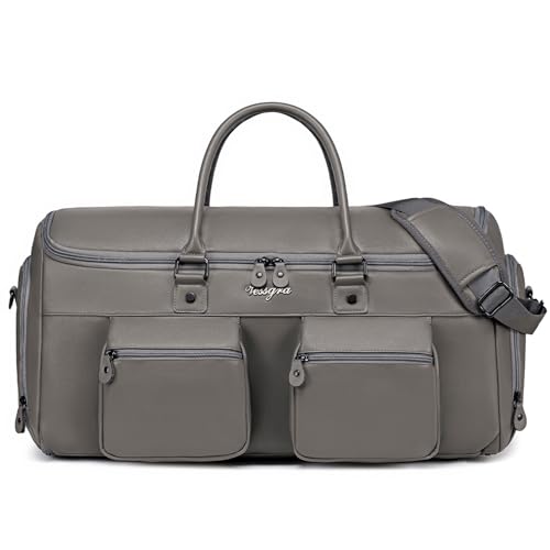 Suit Bag Travel,Vessgra 2 in 1 Leather Duffle Bags for Men 56L Duffel Bags for Traveling PU Leather Garment Bag with Shoe Compartment,Travel Carry on Bag Weekender Bussiness Wedding,Grey - color: Grey