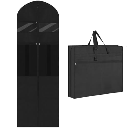 Wedding Dress Garment Bag,72" Tri-Fold Bridal Gown Bag with 6 Pouches and Adjustable Buckle Gown Cover for Wedding/Prom/Travel/Closet Storage (Black) - color: Black