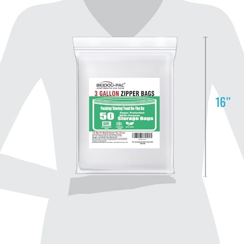 BEIDOU-PAC 3 Gallon Large Plastic Bags with Zipper Top, | 50 Count | 2 Mil | 16" x 18" | Heavy-Duty Reusable Clear Freezer Storage Bags - style: Zip | 3 gal 50 count