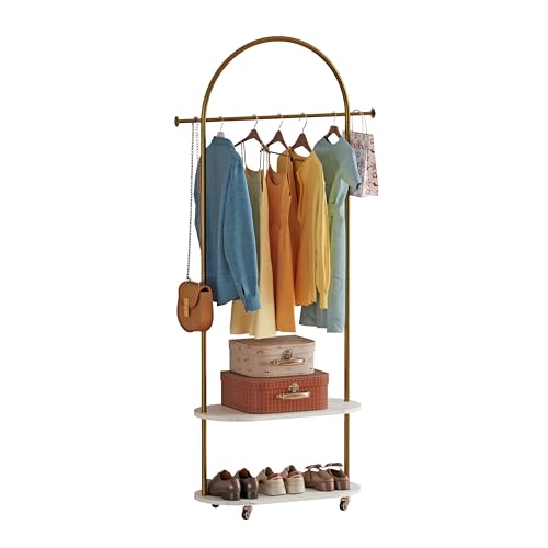 Gold Clothing Rack,Freestanding Coat Rack with Faux Marble shevles,Modem Arch Gold Garment Rack with shoes rack for Small Spaces,Bedroom, Entryway