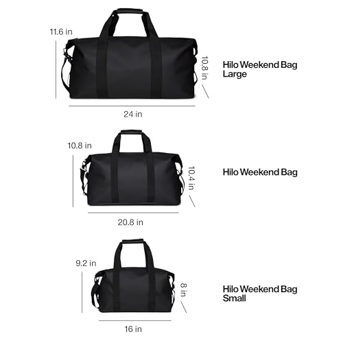 RAINS Hilo Weekend Bag Small - Black Waterproof Travel Duffel for Men and Women, Gym Carry On With Coated Zip, Shoulder & Compression Straps - color: black
