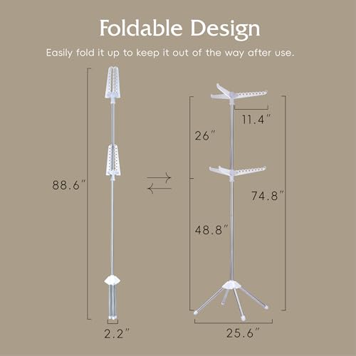 Beaudaily Clothes Drying Rack, Foldable 74.8-Inch Laundry Drying Rack, Indoor 2 Tier Drying Rack Clothing with Rotatable Arms, Stainless Steel, Holds 54 Pieces, Space Saving, White and Silver - color: White + Silver, size: 2-Tier