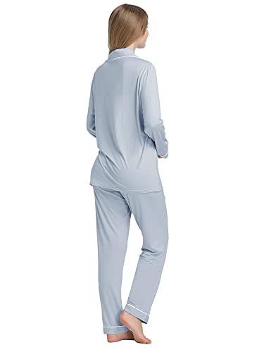 Cherrydew Women Bamboo Viscose Pajama Sets Super Soft Comfy Breathable Cooling Sleepwear Long Sleeve Button Down Loungewear - color: Dusty Blue, size: X-Large