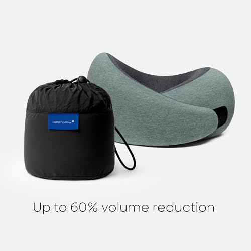 Ostrichpillow Go Neck Pillow, Travel Pillows for Airplanes, Premium Memory Foam Travel Pillow, 360º Ergonomic Design, Asymmetrical Sides, Travel Bag Included, Washable Modal Cover - color: Green Moss