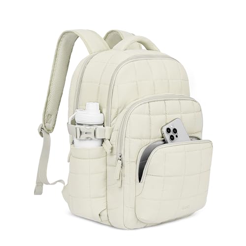 CLUCI 17.3 Inch Laptop Backpack for Women, Anti Theft Travel Backpack, Puffer Quilted Work Backpack, Water Resistant College Bookbag, Carry on backpack with RFID (Beige) - color: White