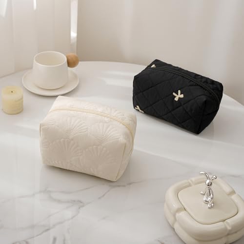 RSRSLEII 2Pcs Quilted Cotton Coquette Makeup bag, Coastal Granddaughter Aesthetic Cosmetic Bag, Cute Seashell Portable Travel Toiletry Pouch (2Pcs White) - color: 2Pcs White