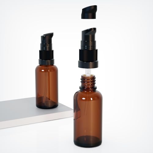 6Pack 30ml Amber Glass Pump Bottle with Black Top,1oz Small Dispenser, Travel Size Refillable Botttles for Lotions,Sercums,Essential Oils - color: 1oz Amber(6pcs)