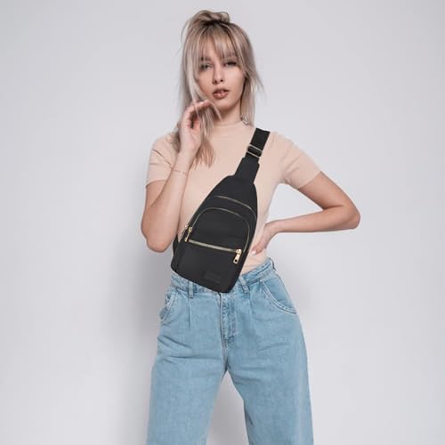 Banelu Small Sling Backpack Crossbody Bags for Women, Small Sling Bag Cross Body Bag Fanny Packs Crossbody Purses - Gold Zipper - color: K Black