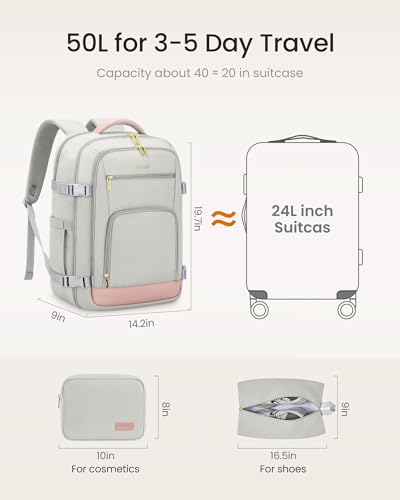 LOVEVOOK Travel Backpack for Women, 50L Carry On Backpack Flight Approved with Garment Bag, Personal Item Travel Bag Fit 17 Inch Laptop, Business Weekender Overnight Daypack With 2 Cubes, Pink-Grey - color: Pink-grey, size: 50l-18 Inch-3pcs With Garment B