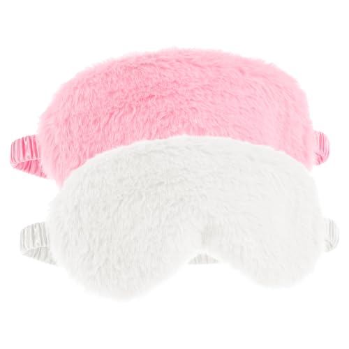 2 Pcs Plush Fluffy Eye Mask Soft Sleeping Blindfold Eye Cover Comfortable Furry Faux Fur Sleeping Mask Satin Nap Night Eyeshade Cover for Women Men Gift (White, Pink) - color: White&pink
