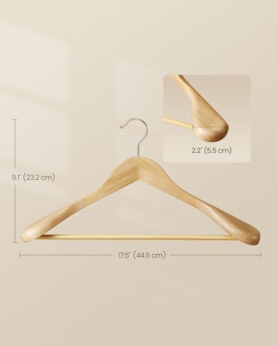 SONGMICS Extra Wide Wooden Suit Hangers, Set of 10 Clothes Hangers, Swivel Hooks, Non-Slip Bars, for Outfits, Suits, Coats, Shirts, Dresses, Natural Color UCRW050KZ02 - color: Natural Color