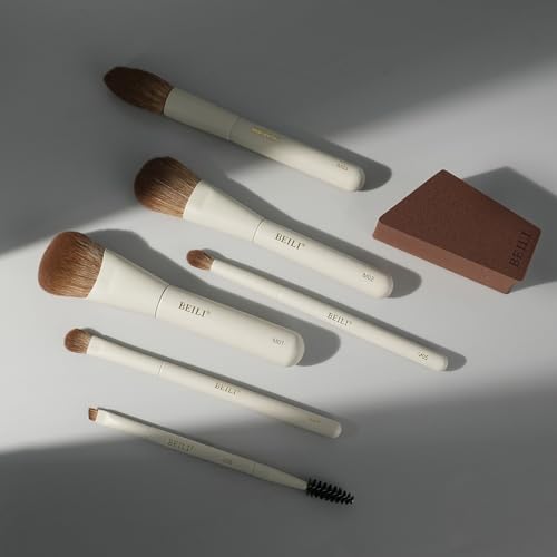 BEILI Mini 6Pcs Makeup Brush Set – Elegant Off White, Professional Travel Brushes for Foundation, Contour, Highlighter & Blending, with Sponge and Gift Box - color: Off White