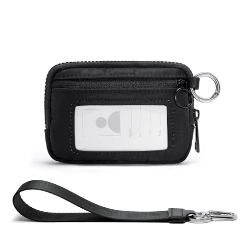 YDF The Iris Wallet for Women Mini Zip Card Case with Clear ID Window Zipper Coin Purse Lightweight Portable Keychain Wallet - color: Black