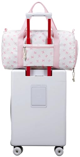 Gym Bag Duffle Bag with Wet Pocket Weekender Overnight Sports Duffels with Shoe Compartment for Girls Kids Women Travel Dance Cheer Bags (Pink Bow Pattern) - color: Pink Bow Pattern
