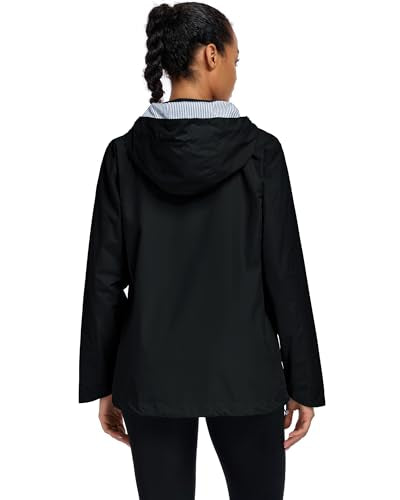 Hount Womens Waterproof Raincoat Lightweight Packable Striped Lined Rain Jacket Casual Travel Outdoor Hooded Jakctes - color: Black, size: Large