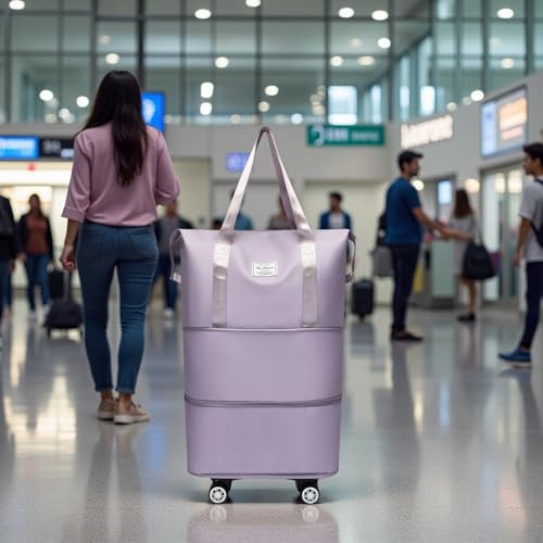 Expandable Foldable Duffel Bag with Detachable Wheels, 64L Large Capacity Rolling Travel Duffle Bag, Lightweight Carry on Luggage with Spinner Wheels, Weekend Gym Tote Bag (Light Purple) - color: Light Purple