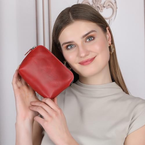 Full Grain Leather Cosmetic Bag – Zippered Makeup Pouch for Women, Small Travel Toiletry & Organizer Pouch for Purse, Premium Handmade Leather (5 × 4 × 2.5 in) - color: Red