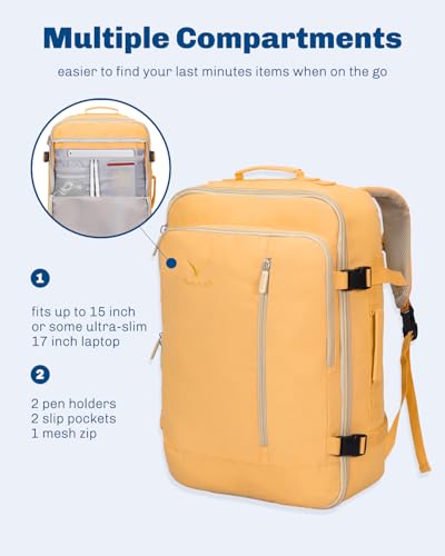 Hynes Eagle Carry on Backpack 38L Large Travel Backpack for Women Flight Approved Weekender Bag Laptop Backpack Men 15 inches Yellow - color: Yellow