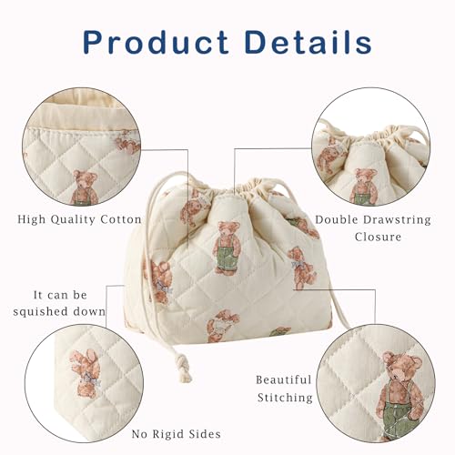 3pcs Large Cotton Quilted Makeup Bag Set,Coquette Aesthetic Cute Travel Toiletry Bag,Drawstring Gift Bag for Women and Girls(3Pcs White Bear) - color: 3Pcs White Bear