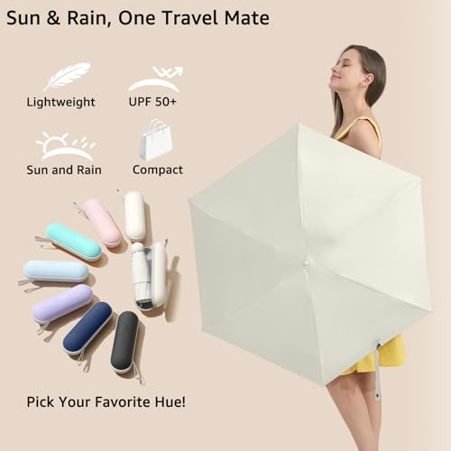 BAODINI Travel Essentials Mini Umbrella for Purse With Case Small Compact UV Sun Protection Lightweight Tiny Pocket Manual Open Close Umbrella for Women Kids and Men Fits Purse Backpack - color: E-2 Pack Light Green & Beige