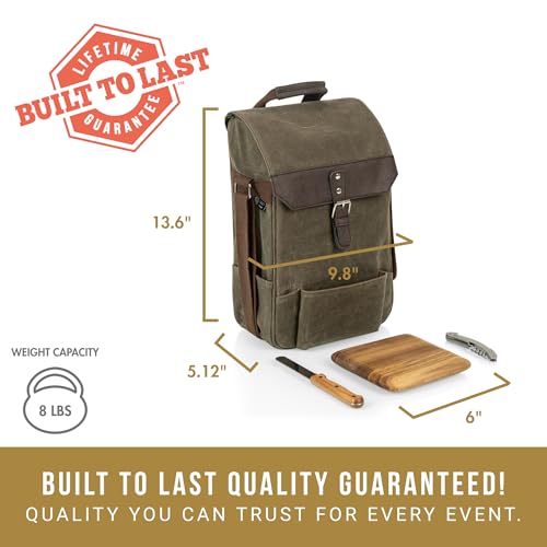 PICNIC TIME 2 Bottle Insulated Wine Bag with Cheese Board and Knife Set - Wine Picnic Bag - Distressed Waxed Canvas Wine Tote, (Khaki Green with Brown Accents) - color: Khaki Green With Brown Accents