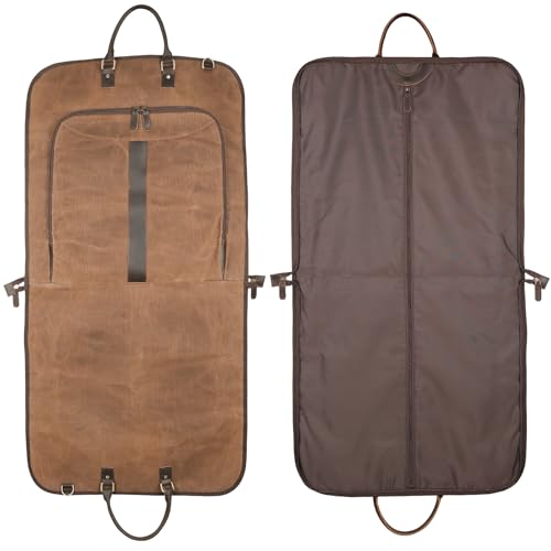 Polare Waxed Canvas Full Grain Leather Trim Garment Carry On Bag for Travel, Foldable Hanging Suitcase Weekender Dust-Proof Garment Waterproof Cover with YKK Zipper and Adjustable Strap - color: Brown