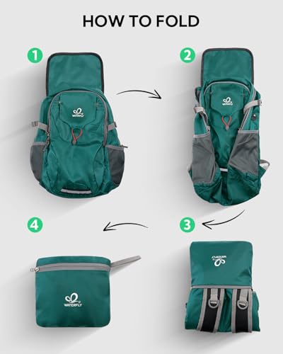 WATERFLY Lightweight Packable Hiking Backpack: 30L Foldable Travel Daypack Ultralight Camping Day Pack for Woman Man - color: Green