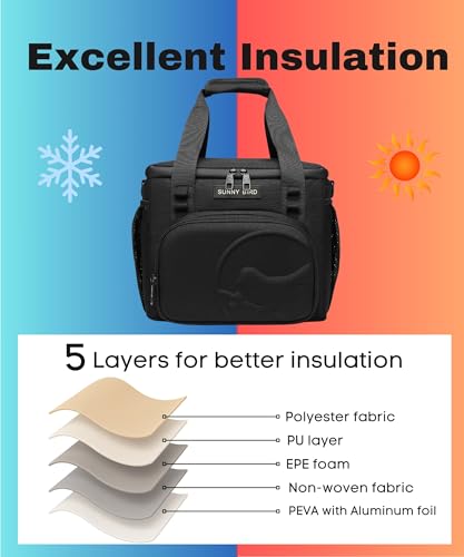 SUNNY BIRD 12L Large Insulated Lunch Bag, Leakproof and Foldable Lunch Cooler Box for Women Adult and Men, Fits 18 Cans (Black 01) - color: Black 01