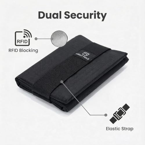 LIGHT FOLD Ultra Slim Tri-Fold Wallet with RFID Blocking, Lightweight Minimalist Men’s Wallet with Elastic Band, Waterproof Durable Nylon Fabric, Slim Front Pocket Card Holder Fits 12 Cards & Cash - color: Black