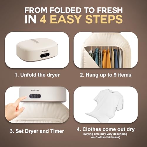 MOJOCO Portable Clothes Dryer - Mini/Compact Dryer for Apartment, RV, Travel - Small Quiet Fast-Drying Machine with Adjustable Timer & Hassle-Free Setup