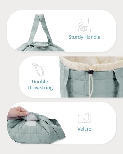 Narwey Lay Flat Open Drawstring Puffer Makeup Bag, Large Quilted Cosmetic Bag for Women Girls, Cute Make up Bags with Handle, Travel Toiletry Bag for Skincare, Brushes & Travel Essentials (Sage Green) - color: B-Quilted Sage Green
