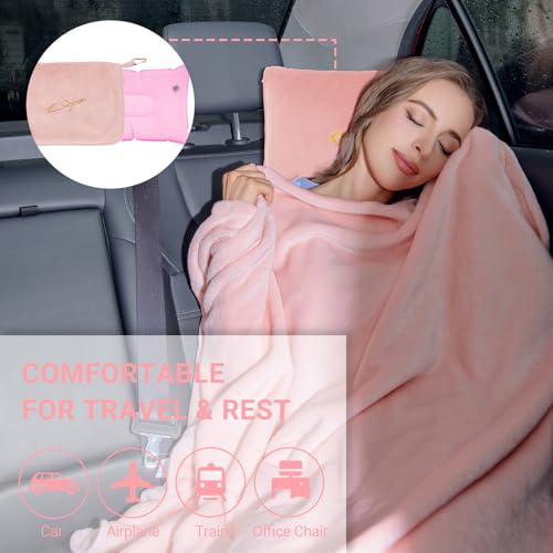 Travel Blanket and Pillow Set, 300 GSM Soft Fleece, 60x43 Inches, 3-in-1 Compact with Bag, Pink - color: Pink