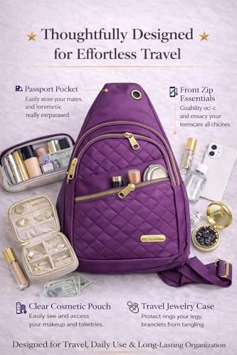 Travel Essentials Gift Set for Women – 7 Pc Travel Kit with Sling Bag, TSA Pouch, Jewelry Case & Sleep Mask - color: Amethyst Pop
