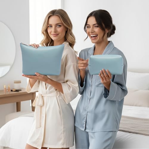 Kigeli 2 Pcs PU Leather Makeup Bag Set for Women Waterproof Aesthetic Cosmetic Bag Large & Small Travel Toiletry Organizer Pouch Skincare Organizer Bridesmaid Mother's Day Birthday Gift(Blue) - color: Blue