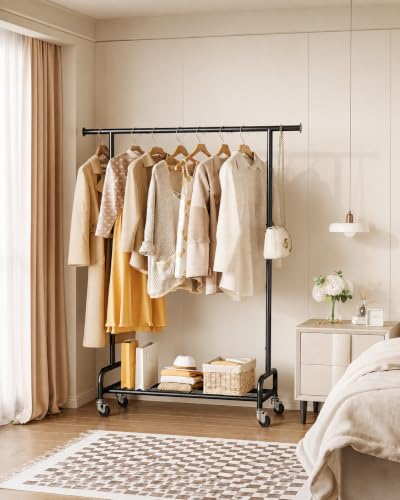 APEXCHASER Rolling Clothes Rack - Metal Garment Rack with Mesh Base | Heavy duty clothing rack with wheels, portable hanging clothes rack for bedroom, laundry room