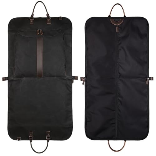Polare Waxed Canvas Full Grain Leather Trim Garment Carry On Bag for Travel, Foldable Hanging Suitcase Weekender Dust-Proof Garment Waterproof Cover with YKK Zipper and Adjustable Strap (Black) - color: Black
