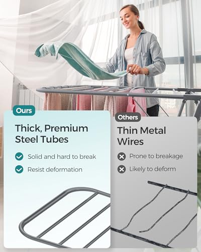 SONGMICS Clothes Drying Rack, Foldable 2-Level Laundry Drying Rack, Free-Standing Laundry Airer, with Height-Adjustable Wings, 33 Drying Rails, Sock Clips, Gray ULLR053G02V1 - color: Gray, size: 2 Tiers(22"d x 61.8"w x 64.3''h )