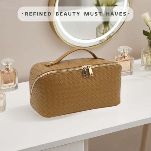 Travel Makeup Bag – Large Cosmetic Organizer with Waterproof PU Leather, Smooth Double Zipper & Tear-Resistant Lining, Toiletry Pouch for Women (Caramel) - color: 03-Caramel