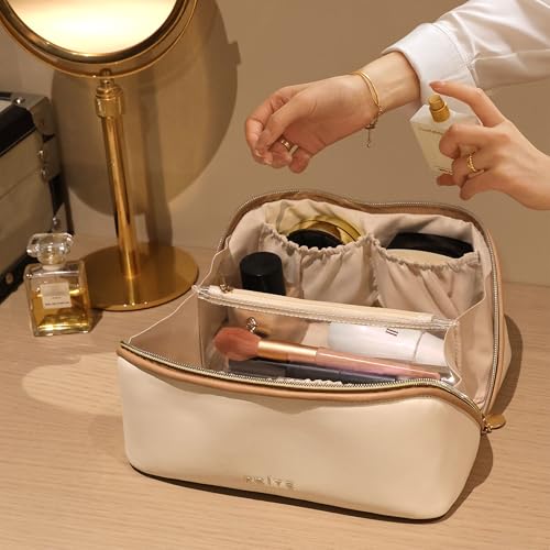 Prite Makeup Bag for Women Travel Waterproof Vegan Leather Cosmetic Bag Open Flat Toiletry Bag With Clear Divider and Handle (Beige, Medium) - color: Beige, size: Medium