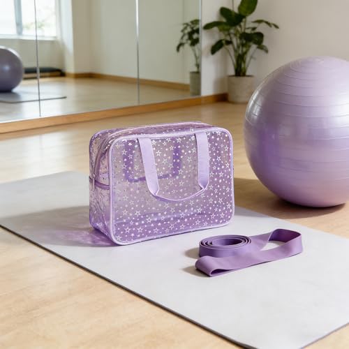 Clear Star Large Cosmetic Bag and Travel Pouch with Handle,Durable Material,Zipper Design-Ideal for Makeup,Travel Essentials (Purple+Shiny Star) - color: Purple+Shiny Star