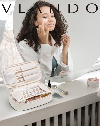 Vlando Travel Makeup Bag,Small Makeup Pouch Cosmetic Bag for Women Makeup Organizer Bag Gifts for Women Girlfriend Teacher Mom Brithday Gifts-White - color: 01-White