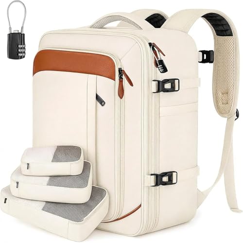 Vancropak Travel Backpack for Women, Airline Approved Carry On Backpack with 3 Packing Cubes, Expandable Large 40L Travel Bag fits 17" Laptop, Anti Theft Luggage Suitcase Weekend Daypack, White Brown - color: White Brown