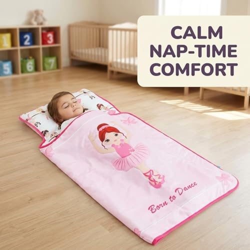 EVERYDAY KIDS Toddler Nap Mat with Removable Pillow -Born to Dance Ballerina- Carry Handle with Straps Closure, Rollup Design, Soft Microfiber for Preschool, Daycare, Sleeping Bag - Ages 2-6 Years - color: Born to Dance Ballerina