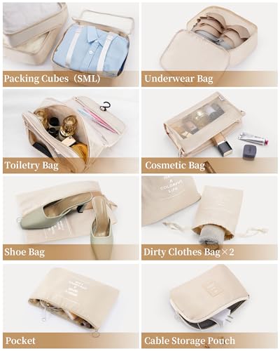 Packing Cubes for Suitcase 11PCS Luggage Packing Organizers Travel Essentials Luggage Organizer Hooked Toiletry Bag Cosmetic Bag and Shoes Bag, Beige - color: Beige-11pcs