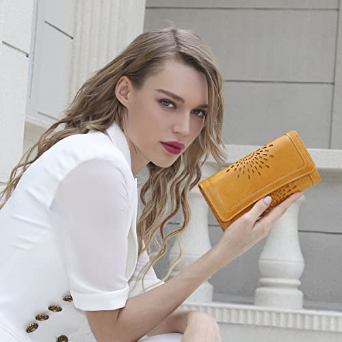 APHISON Womens Wallets RFID Blocking Leather Clutch Long Wallet for Women Card Holder Phone Organizer Ladies Travel Purse Hollow Out Sunflower Design Gift - color: DARK-YELLOW
