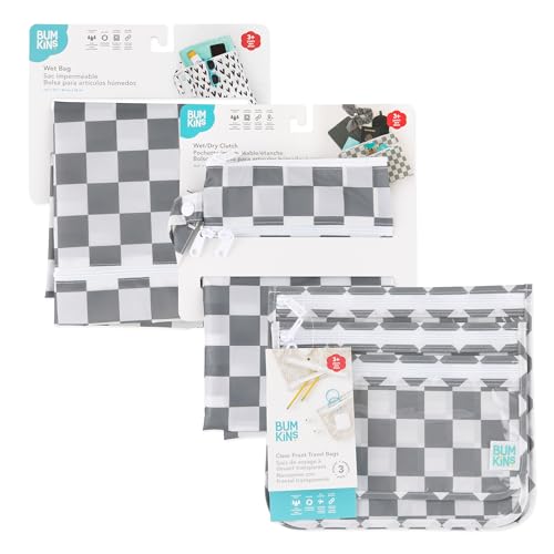 Bumkins - Waterproof Wet Bag, Wet/Dry Clutch & Clear Travel Bags - For Beach, Baby, Travel, Cloth Diapers, Pump Parts, Pool, Gym, Toiletries - Reusable & Easy to Clean - Gray Check - 5 Pack - color: A4 Charcoal Check 5pc