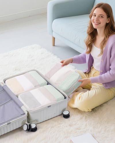 Narwey 6 Set Compression Packing Cubes for Travel Women Men, Travel Cubes for Carry On Suitcase, Durable Compression Luggage Organizer Bags - color: ZY-Mint Green Stripe